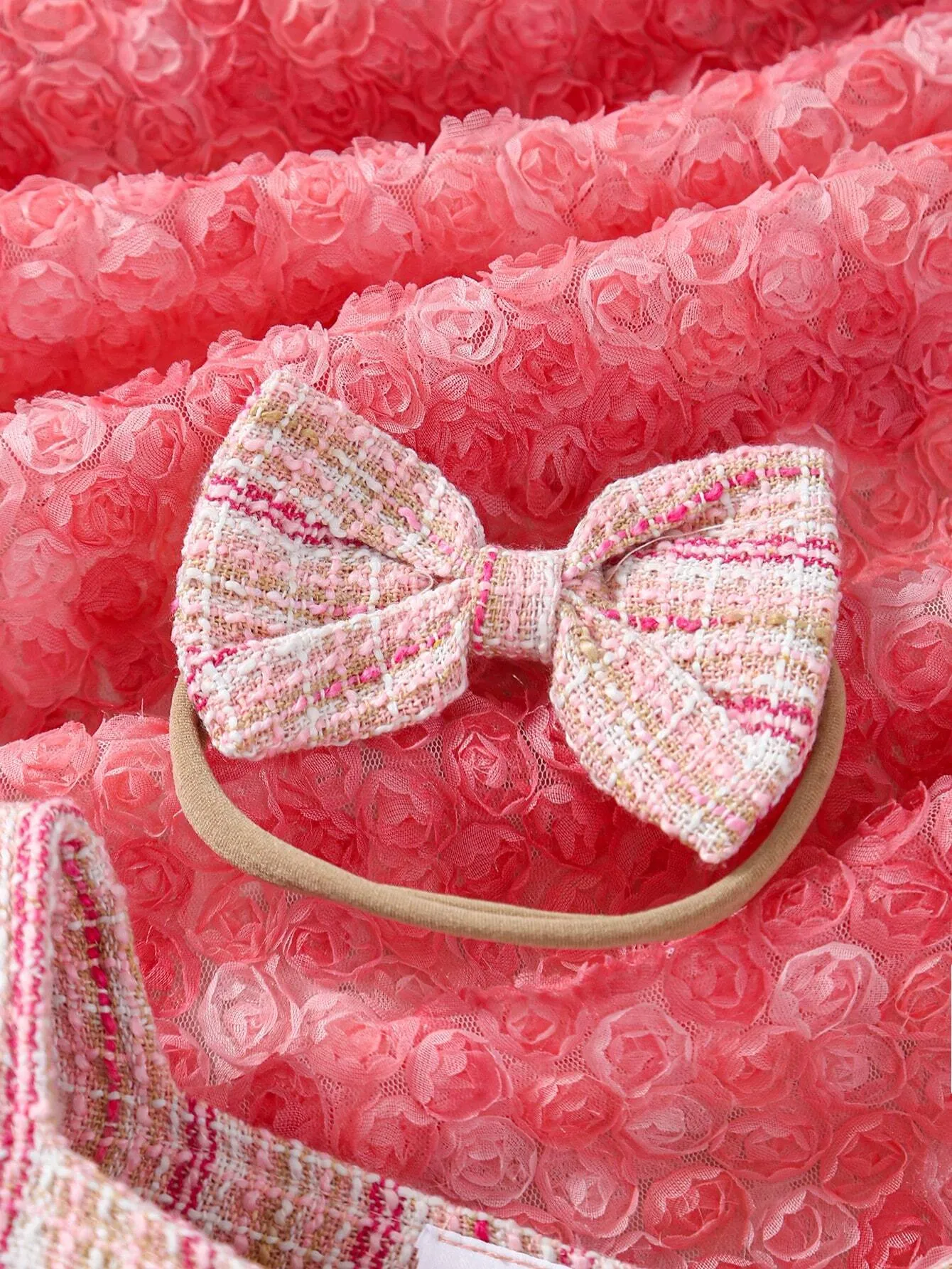 2pcs Girls Ruffle Collar Long Sleeve Dress With Bow Headband Set, Pink