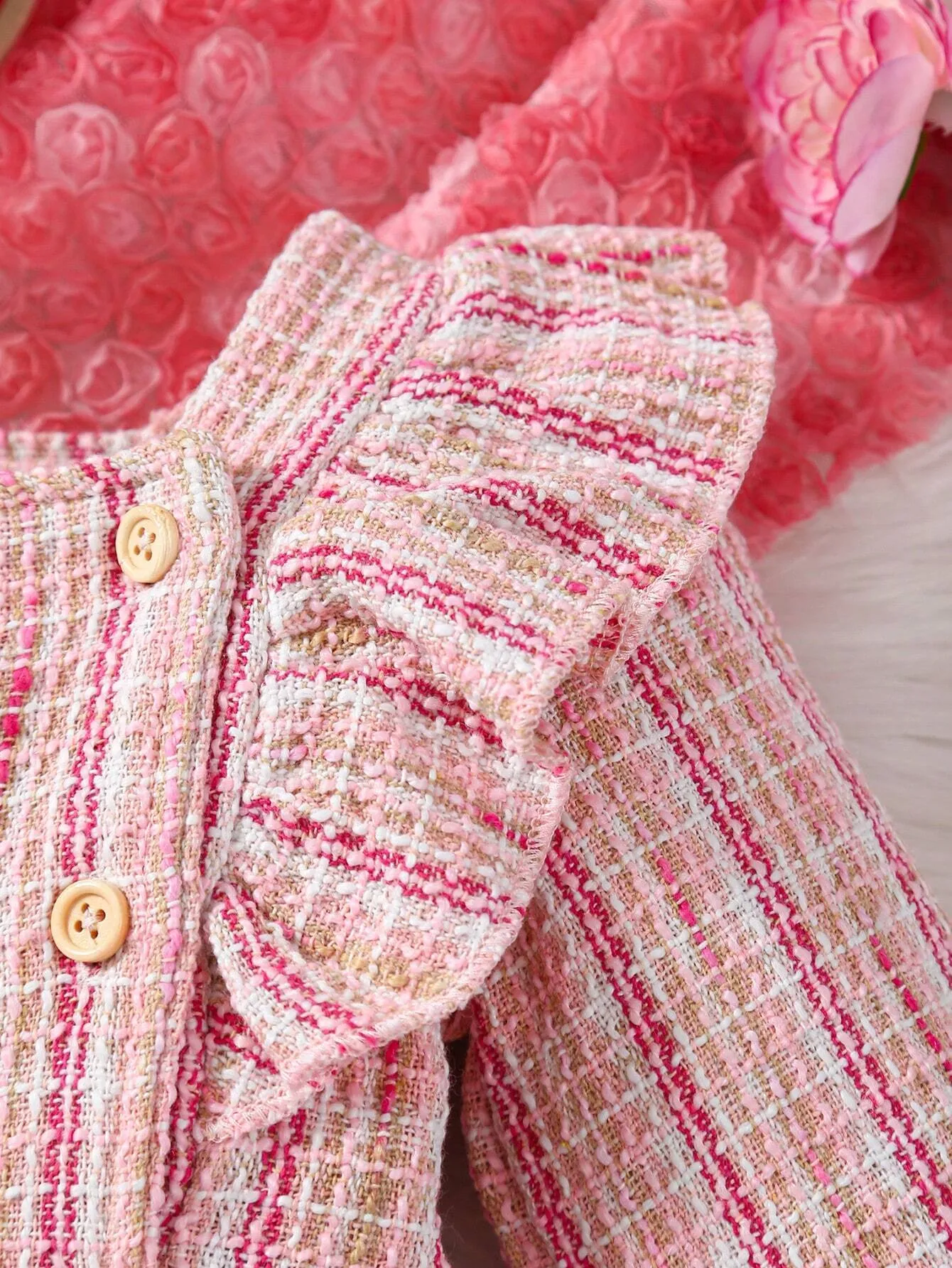2pcs Girls Ruffle Collar Long Sleeve Dress With Bow Headband Set, Pink