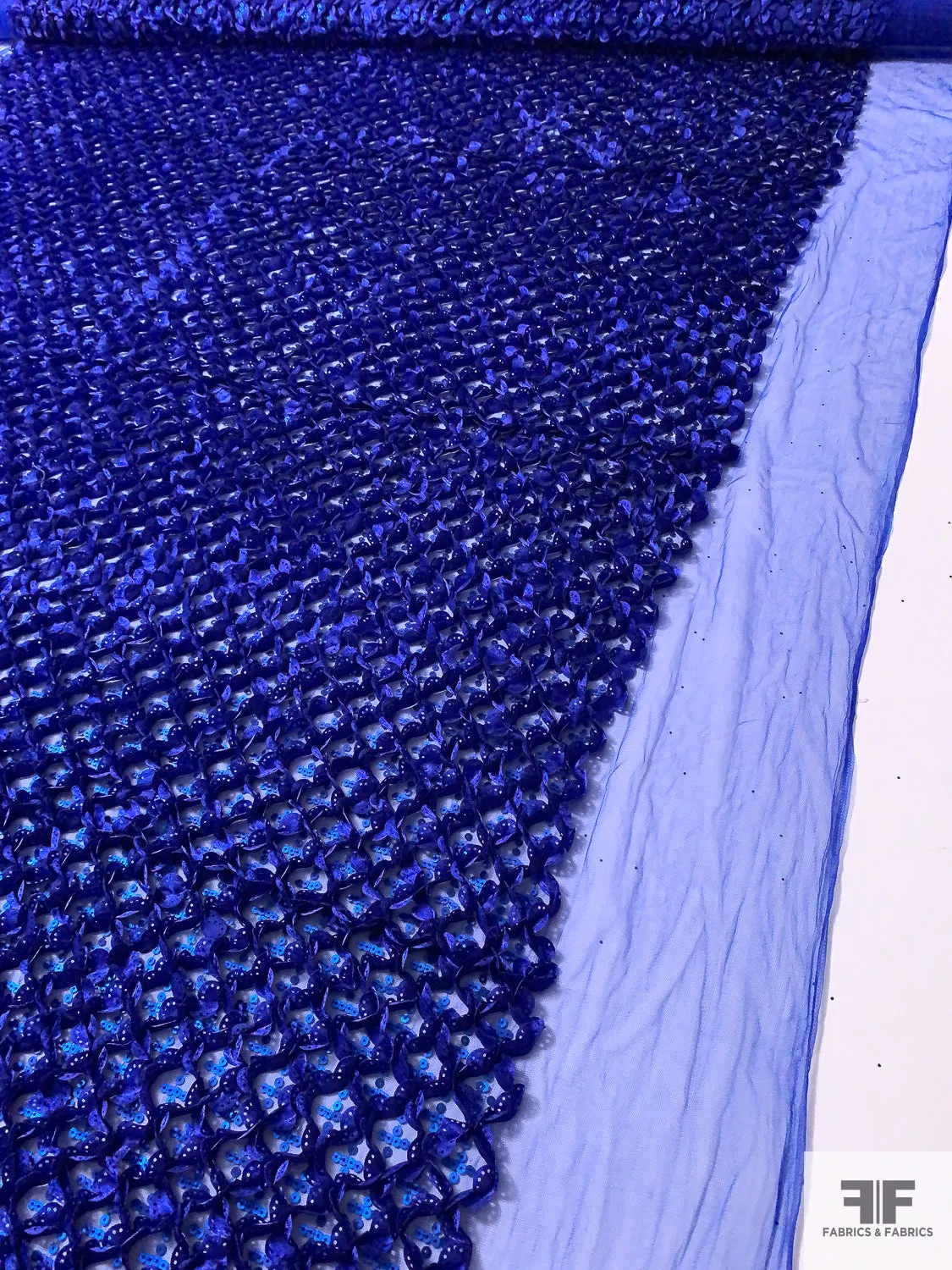 3D Ruffle Work and Sequins on Tulle - Royal Blue