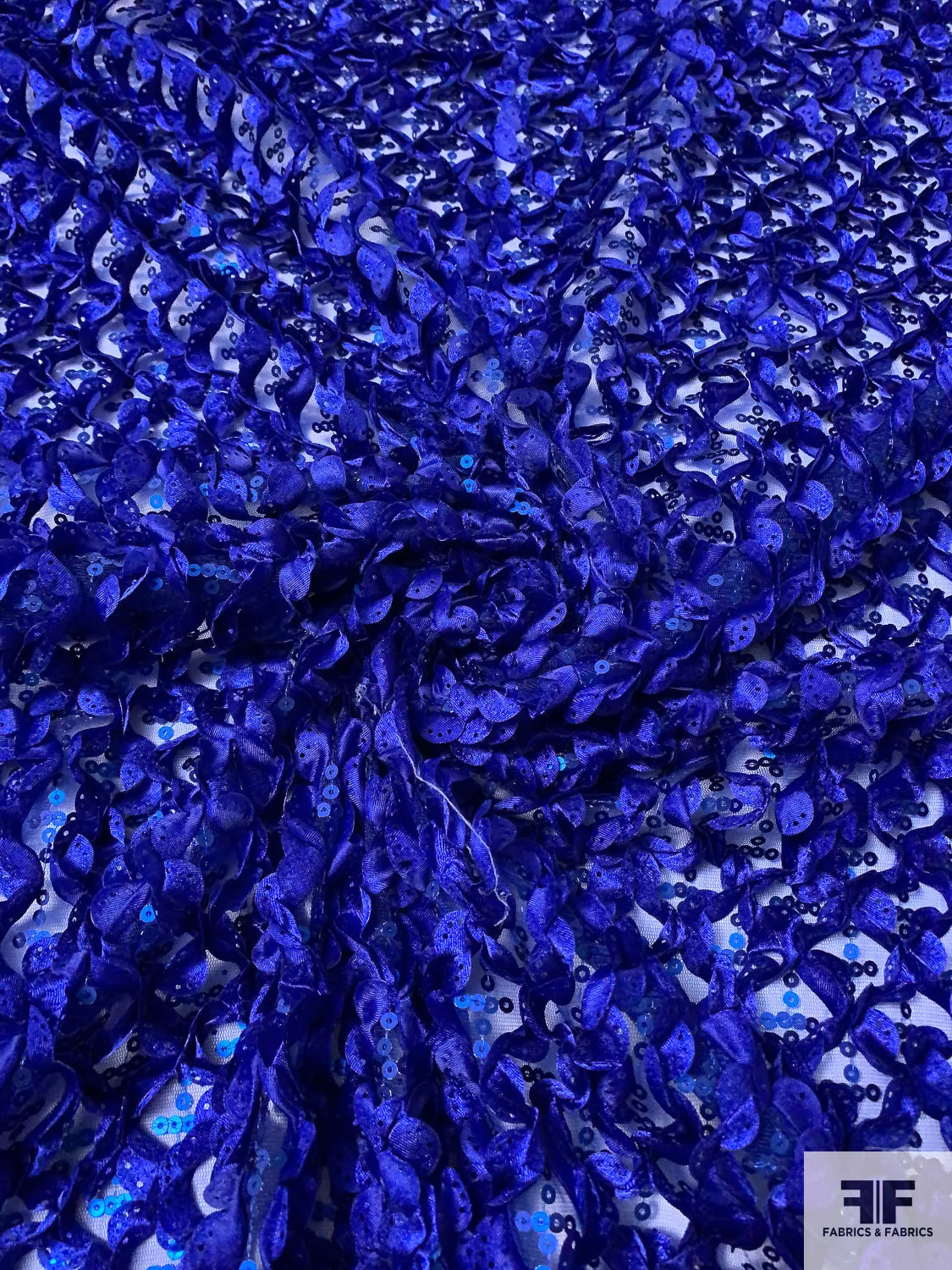 3D Ruffle Work and Sequins on Tulle - Royal Blue