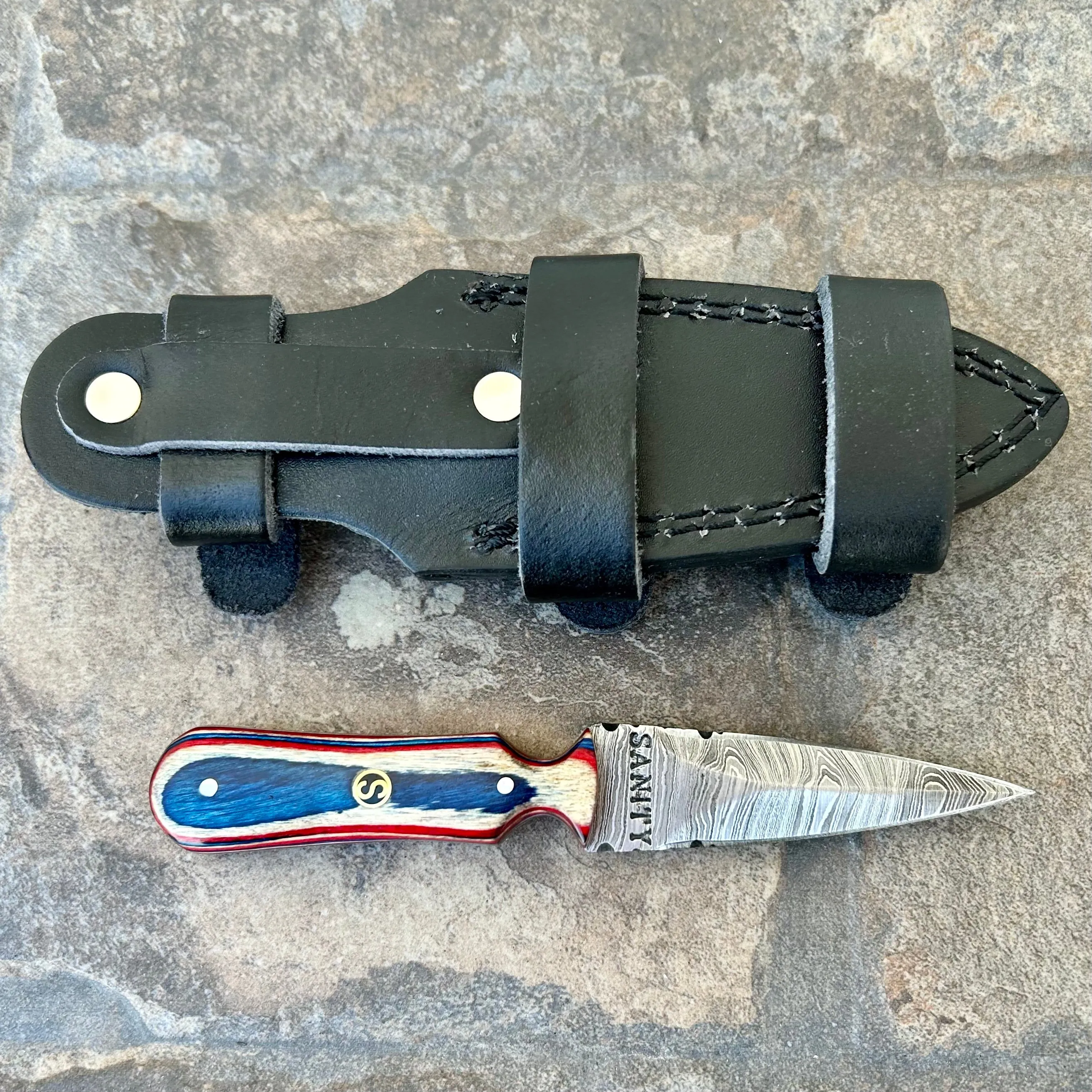 6” Bonnie & Clyde - Red, White & Blue Wood - Damascus - Horizontal & Vertical Carry - BC04