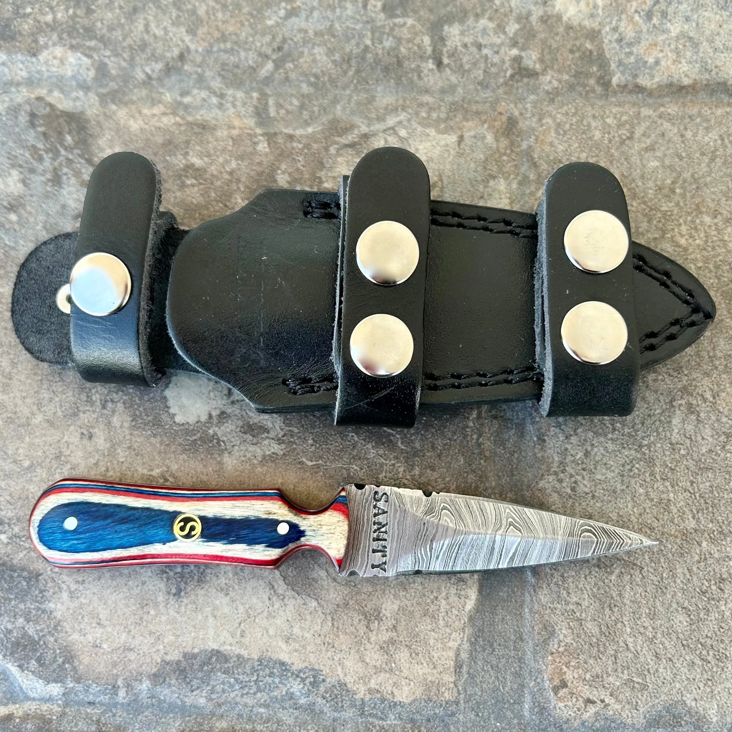 6” Bonnie & Clyde - Red, White & Blue Wood - Damascus - Horizontal & Vertical Carry - BC04