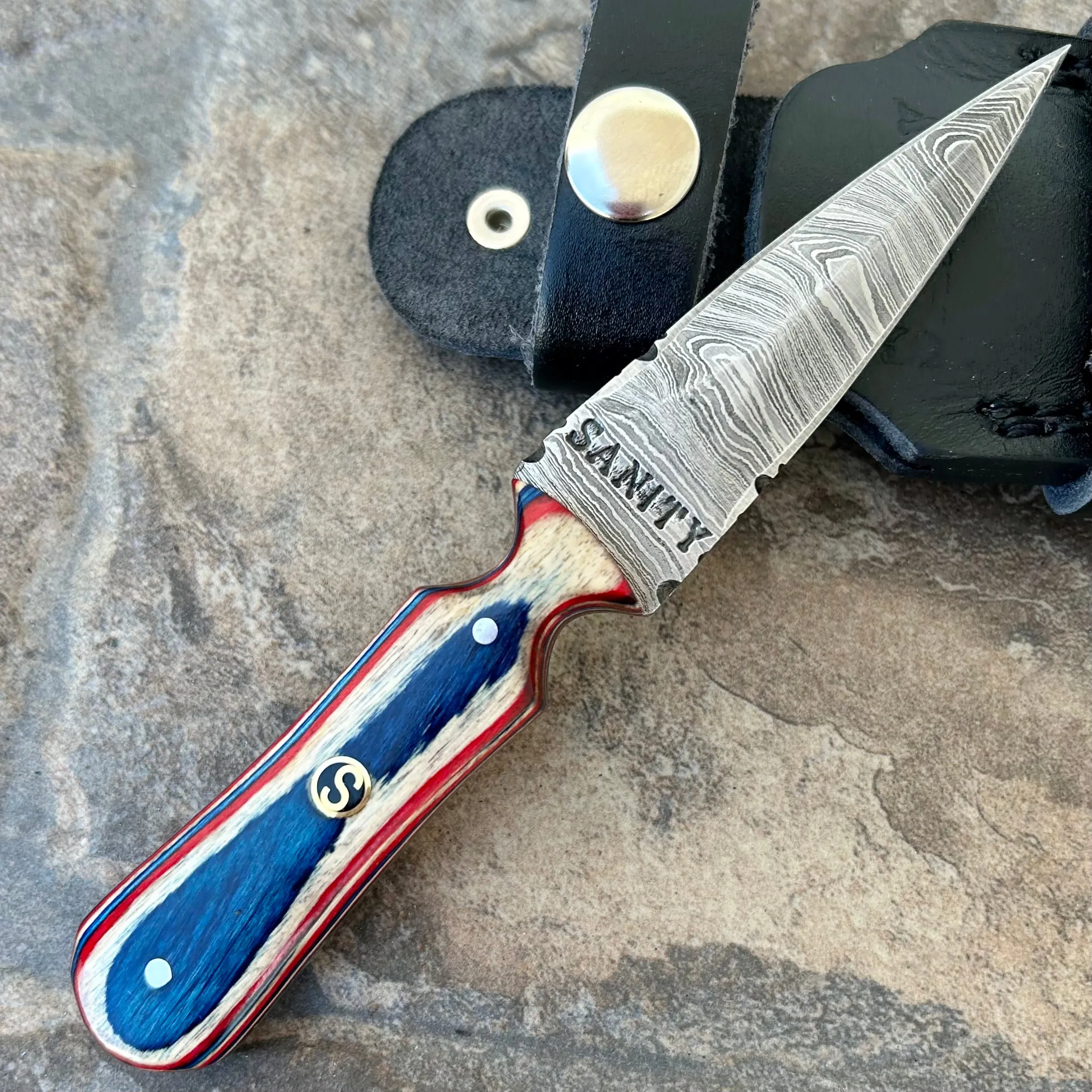 6” Bonnie & Clyde - Red, White & Blue Wood - Damascus - Horizontal & Vertical Carry - BC04