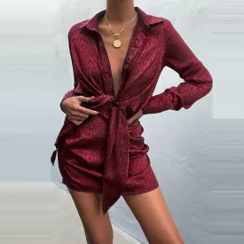 BerryBetty - Autumn Women Vintage Elegant Long Sleeves V Neck Lace-up Shirt Dress Fashion Slim Sexy Streetwear Casual Solid Color Party Dress