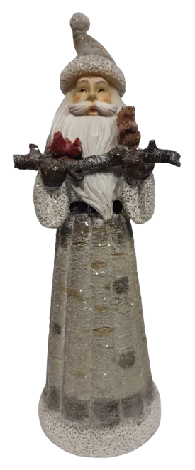 Grey/White Birch Santa Figurine Holding Branch with Red Cardinals  & Squirrel 13"