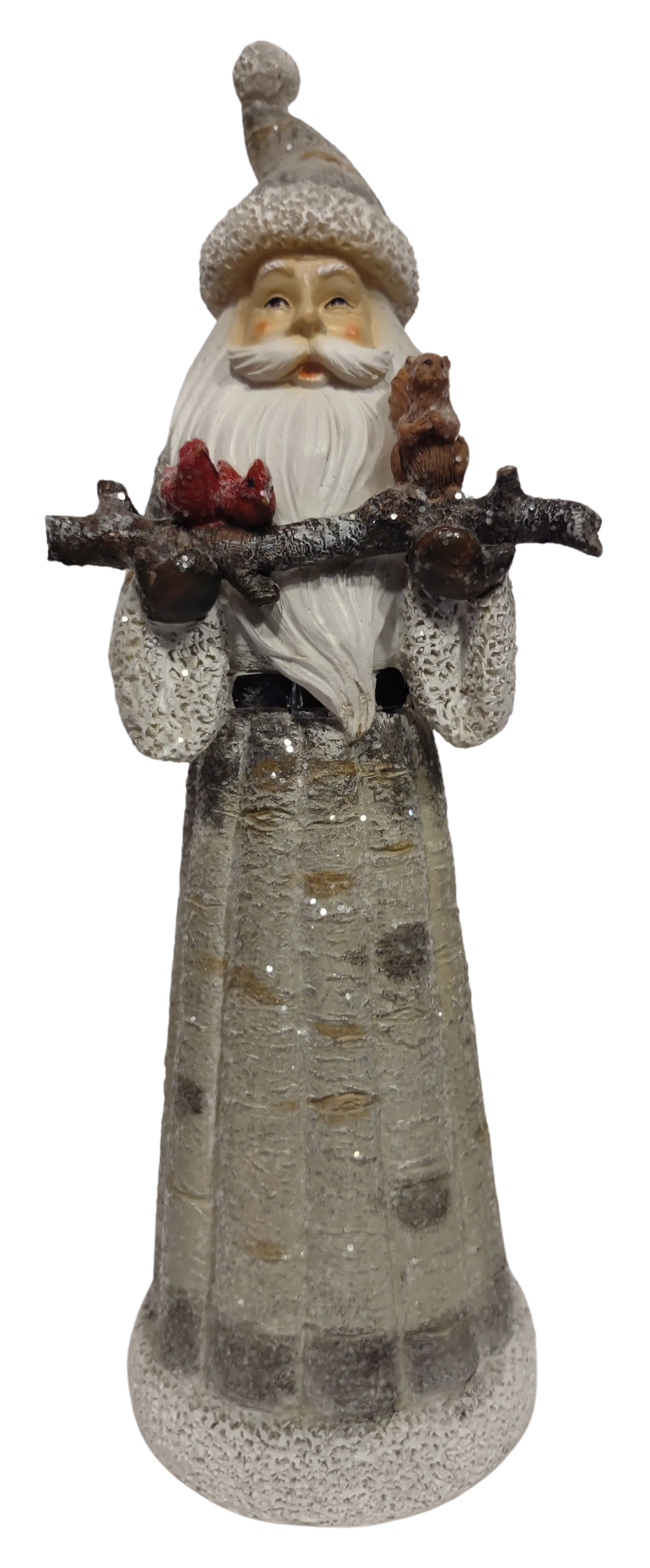 Grey/White Birch Santa Figurine Holding Branch with Red Cardinals  & Squirrel 13"