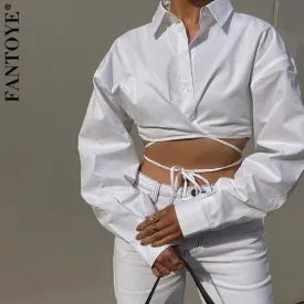 Joskaa Turn-down Collar Bandage Button Women Blouses White Long Sleeve Sexy Short Blouses Ladies Summer Skinny Streetwear 2024