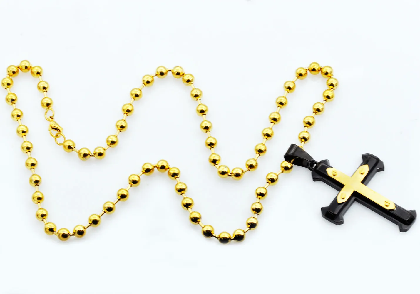 Mens Black And Gold Plated Stainless Steel Cross Pendant Neclace