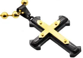 Mens Black And Gold Plated Stainless Steel Cross Pendant Neclace