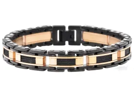 Mens Black And Rose Stainless Steel Bracelet With Black Plated Cables