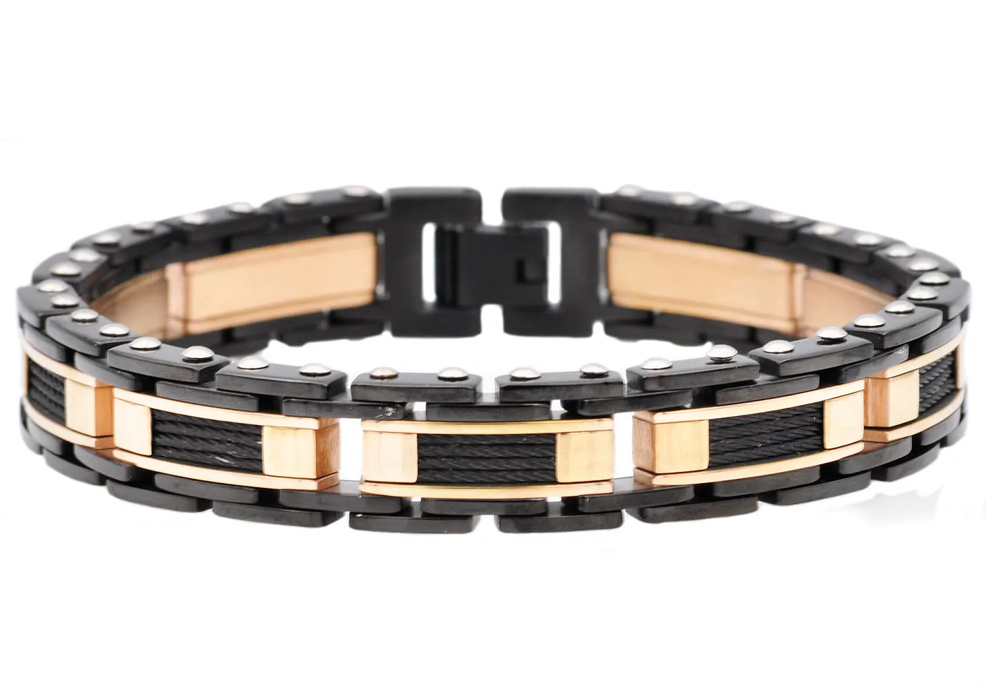 Mens Black And Rose Stainless Steel Bracelet With Black Plated Cables