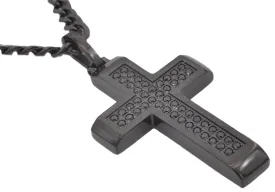 Mens Black Stainless Steel Cross Pendant With Black Cubic Zirconia