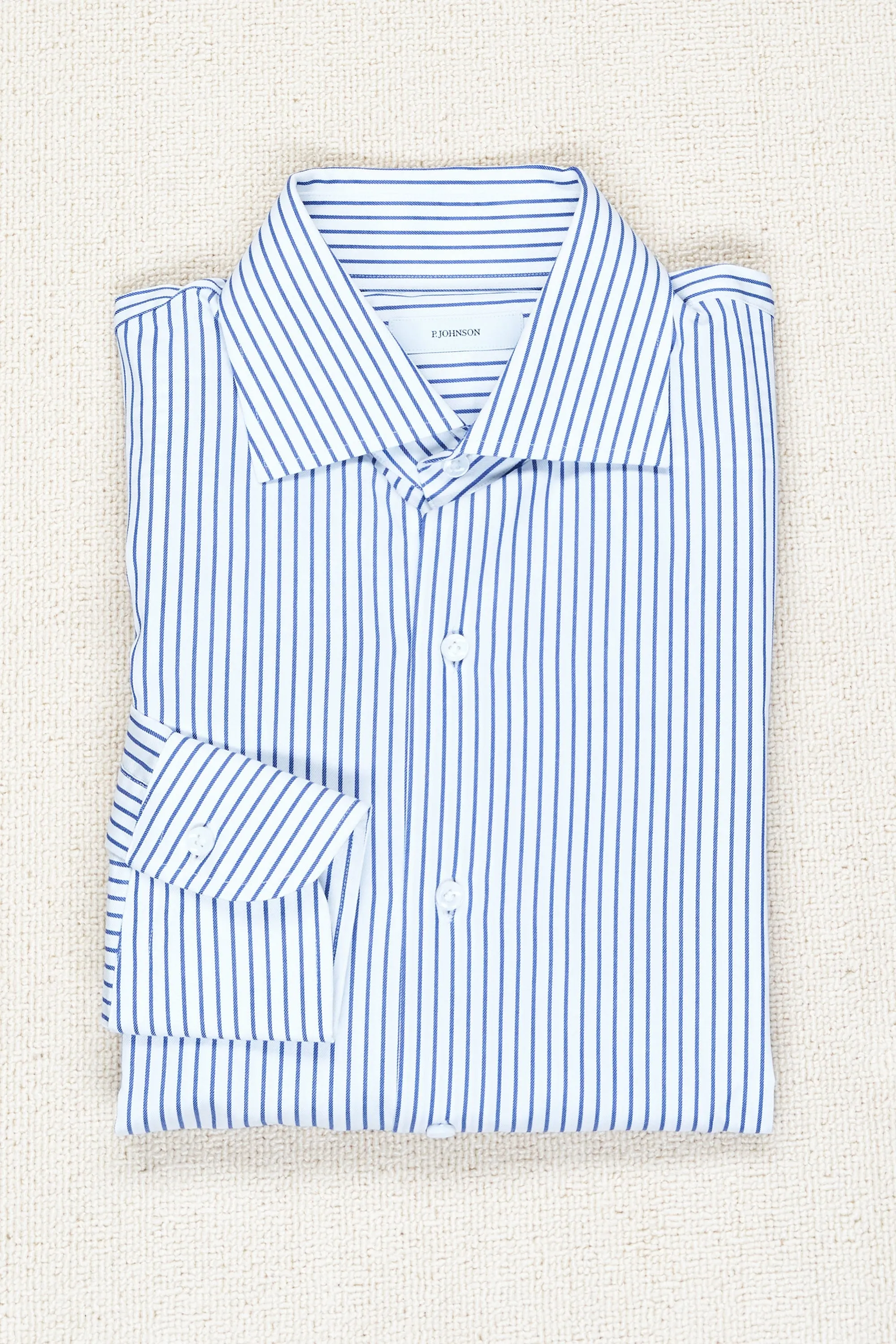 P. Johnson White with Navy Narrow Stripe Cotton Twill Spread Collar Shirt