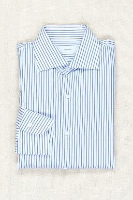 P. Johnson White with Navy Narrow Stripe Cotton Twill Spread Collar Shirt