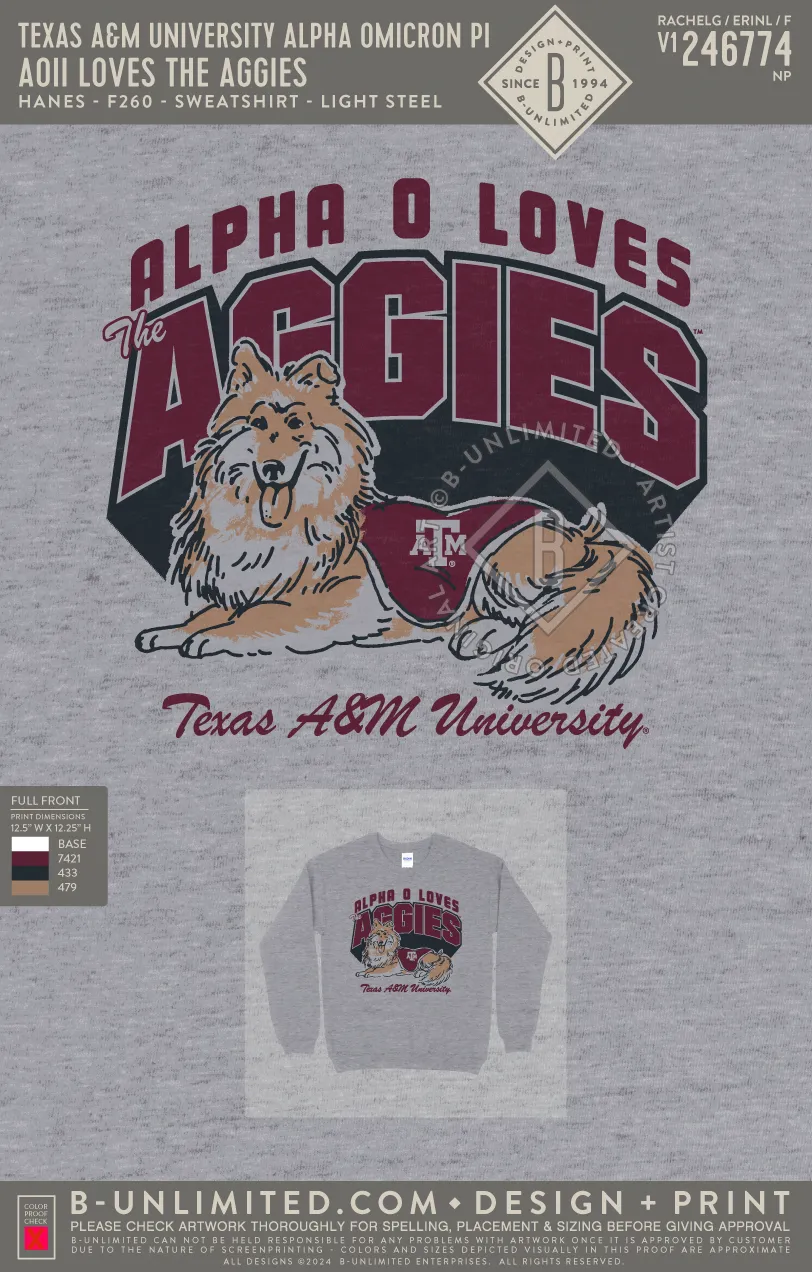 Texas A&M University Alpha Omicron Pi - AOII Loves the Aggies - Hanes - F260 - Sweatshirt - Light Steel